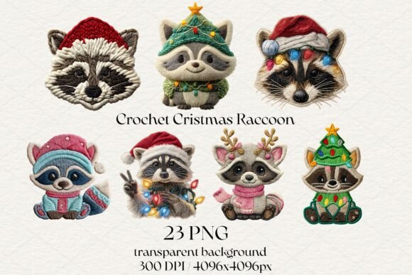 23 Christmas Crochet Raccoon PNG Bundle: Illustrations for Seasonal Design