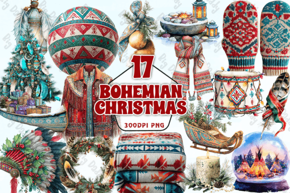 Bohemian Christmas Watercolor PNG Review for Illustrations