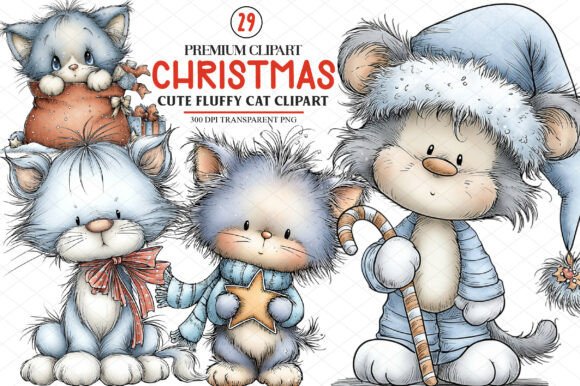 Cute Christmas Fluffy Cat Clipart for Illustrations