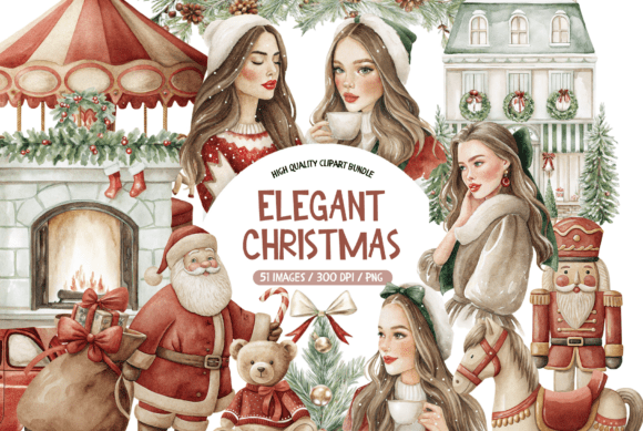 Elegant Christmas Watercolor Clipart Set for Illustrations