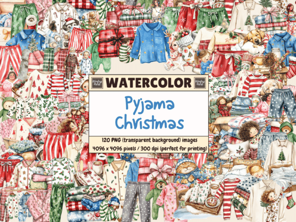 Pyjama Christmas Watercolor Clipart for Modern Illustrations