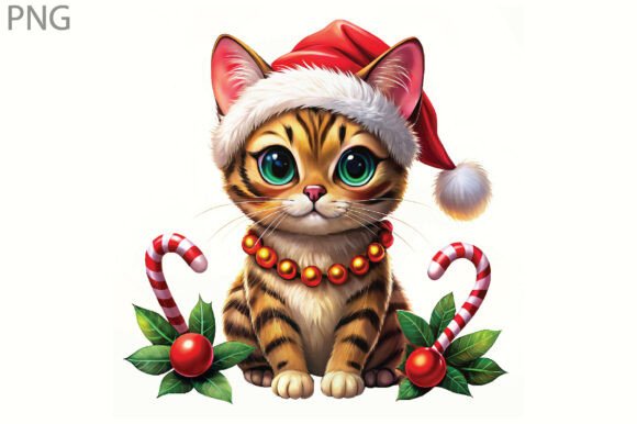 Watercolor Cat Christmas Lights Clipart for Illustrations