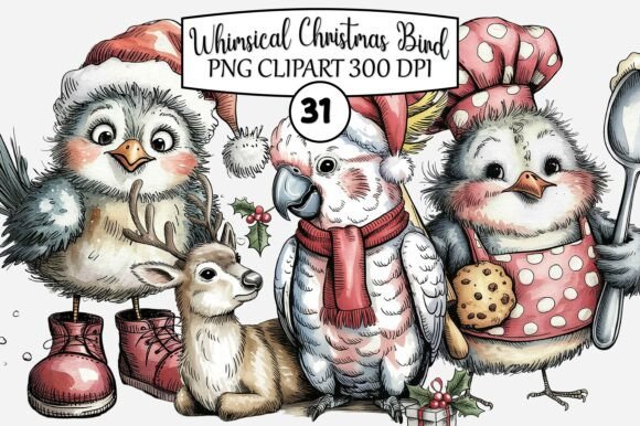 Whimsical Christmas Bird Clipart for Brand Illustrations